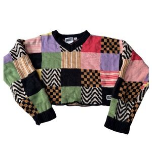 Ragged Jeans Patchwork Checkerboard Cropped Knit Sweater Size XS